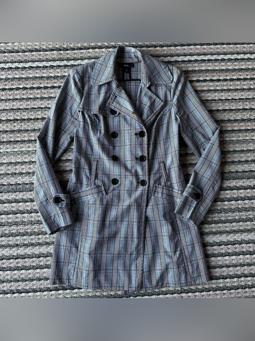 BCX Women's Gray Plaid Double-Breasted Trench Coat with Black Buttons